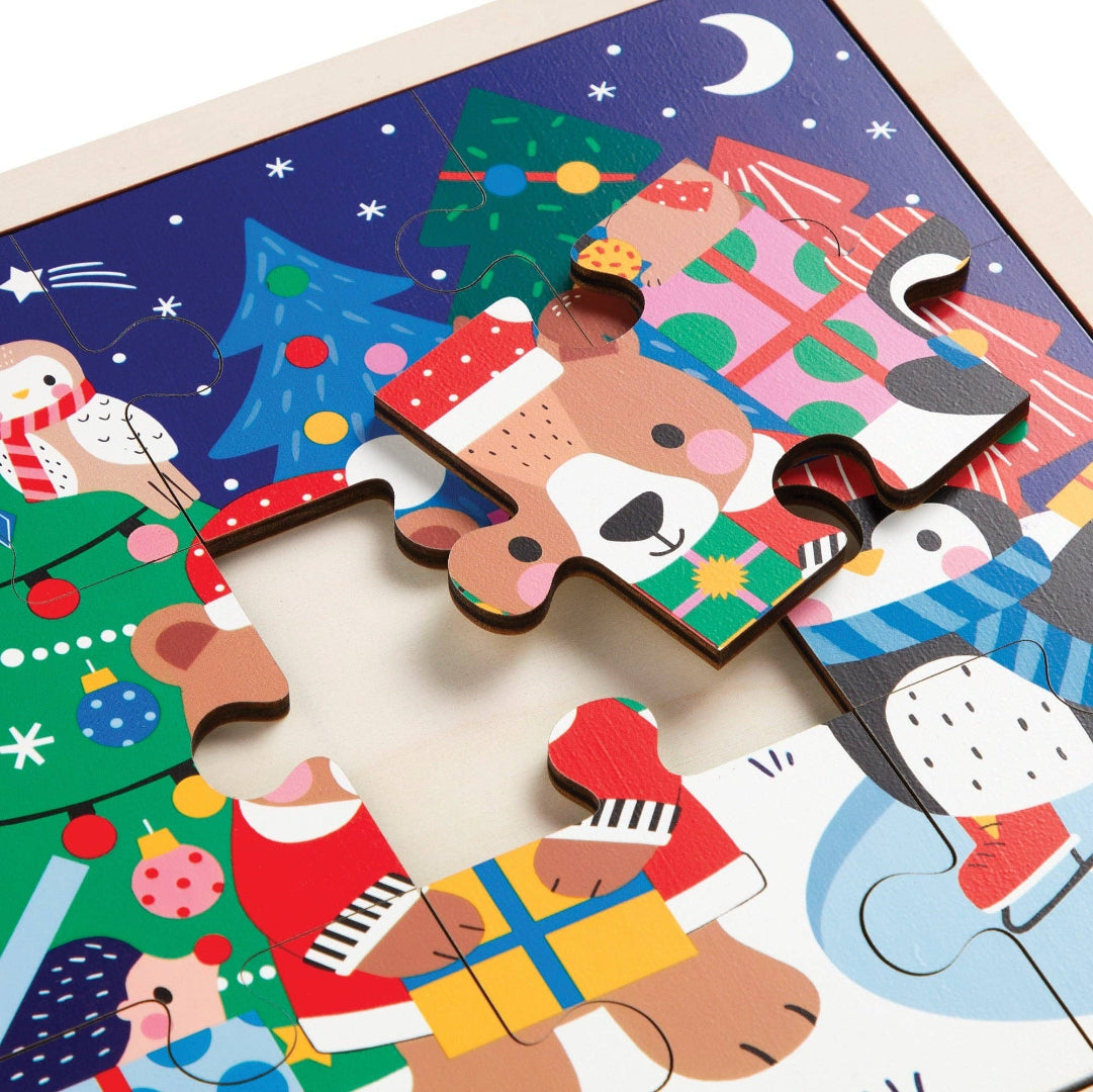 Children's Christmas-themed puzzle with festive animals on a wooden base