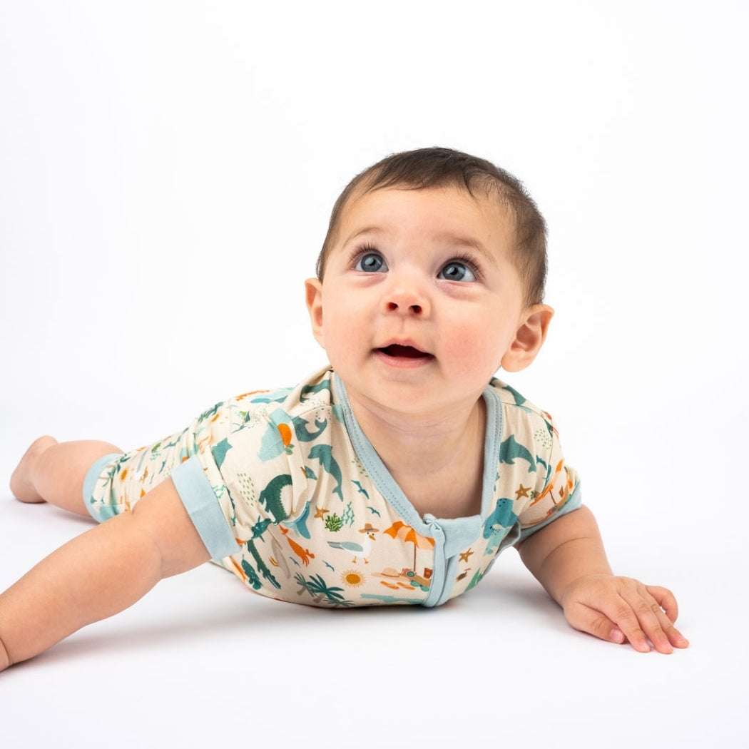 Soft and breathable bamboo shortie romper featuring a vibrant Florida-themed print, perfect for little ones to play and explore in comfort.