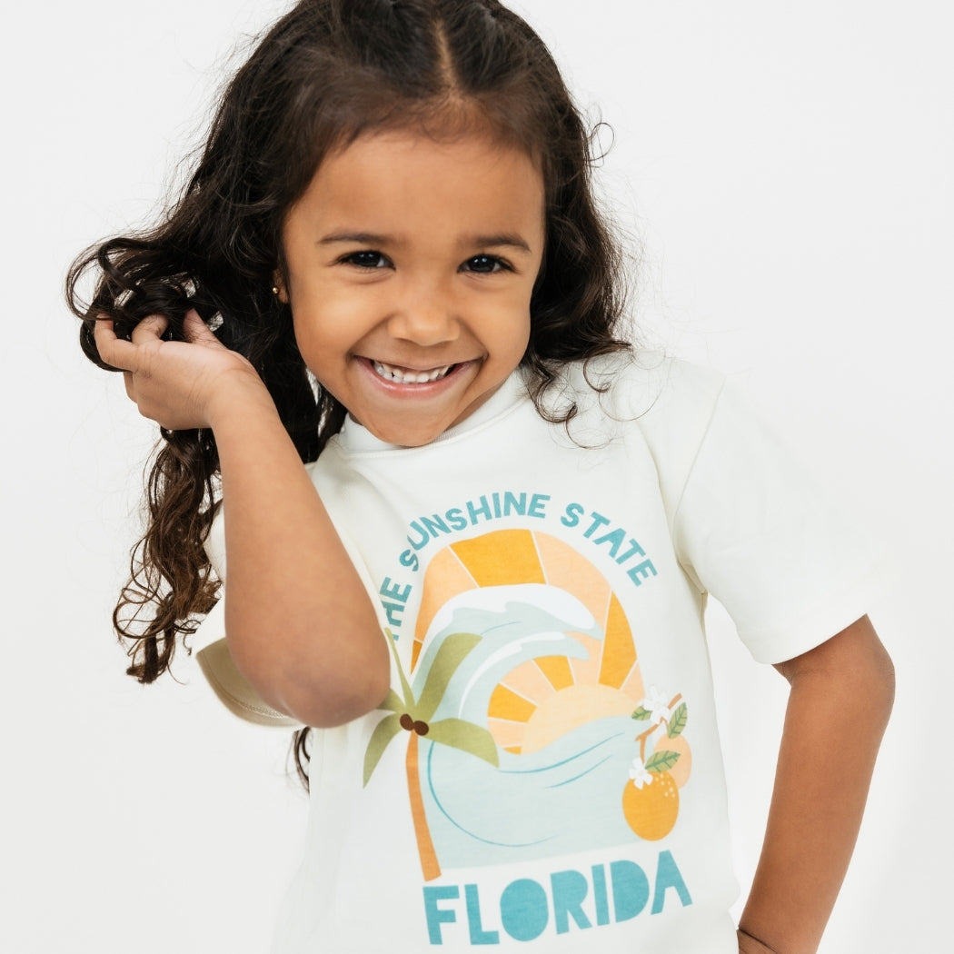 Florida state toddler shirt – soft & breathable 100% cotton with unique vintage-inspired print, perfect for summer days and sibling matching.
