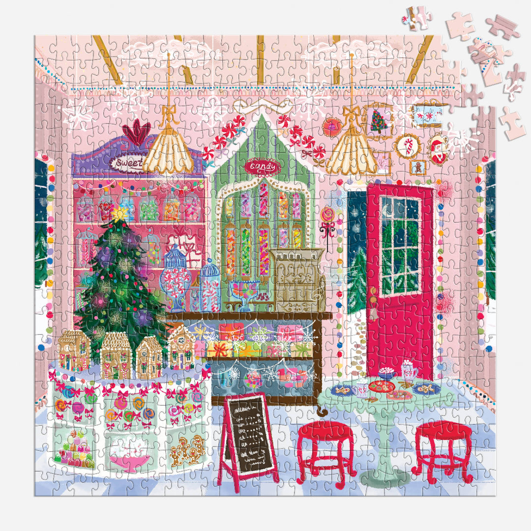 Colorful puzzle of a festive interior scene with a Christmas tree and decorations.