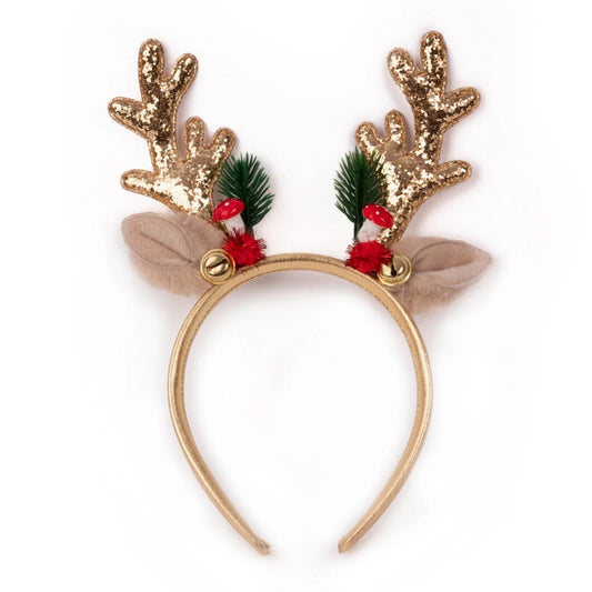 Rudolph antler headband featuring gold glittery antlers, jingle bells, fuzzy ears, and festive greenery from Great Pretenders