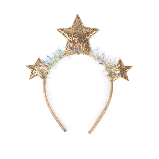 Holiday/Christmas headband with three gold glittery stars and silvery white iridescent tinsel from Great Pretenders