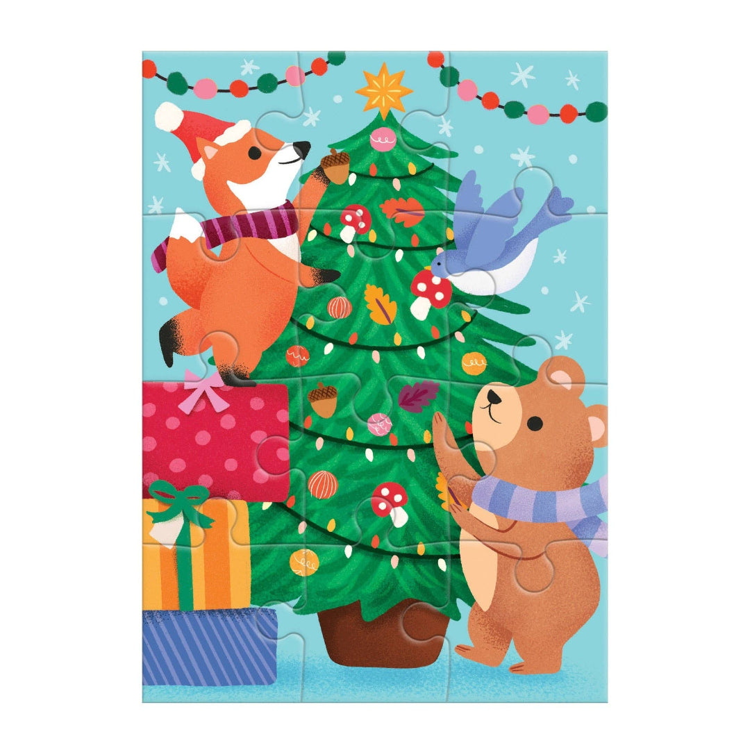 Children's puzzle with cartoon animals around a Christmas tree on a blue background