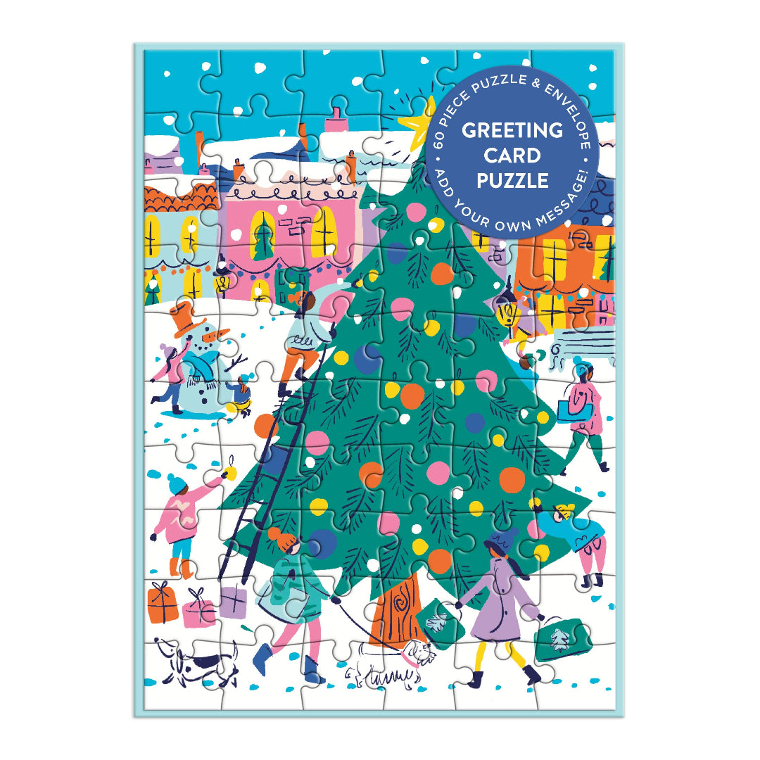 Christmas-themed puzzle with a tree and people around it, on a white background.