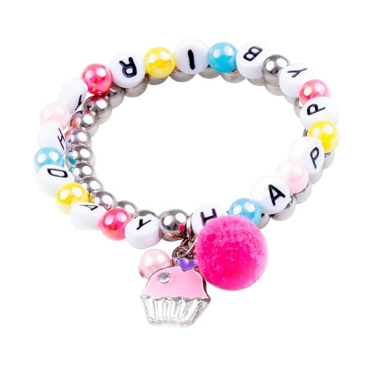 Colorful beaded bracelet with letter beads spelling Happy Birthday, a pink pom-pom and a pink frosted cupcake charm from Great Pretenders