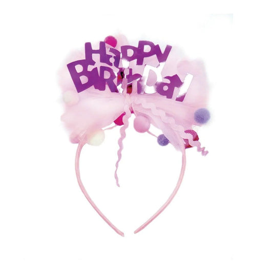 Happy Birthday headband with pink tulle puffs, white, pink and purple pompoms and purple lettering from Great Pretenders