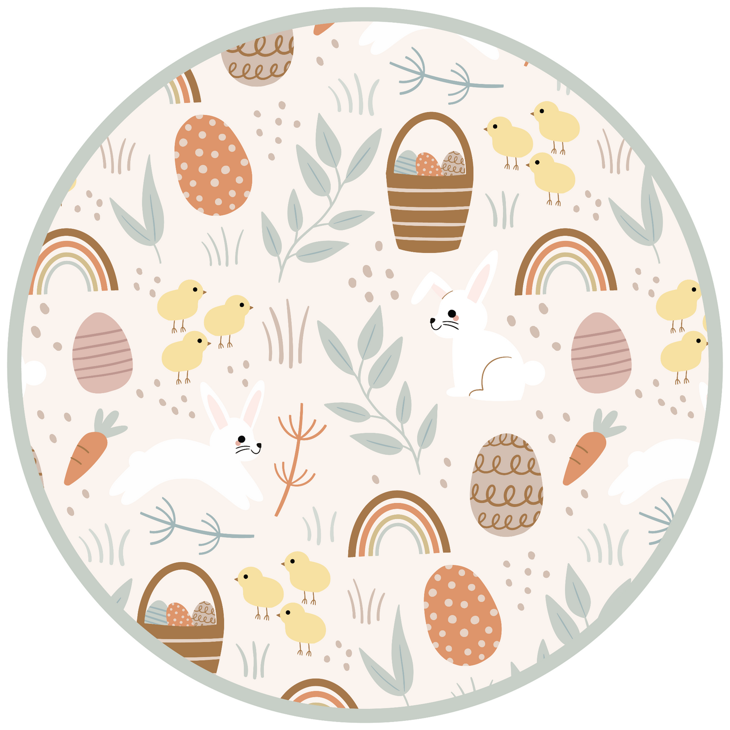 Print circle that features our Hop to It print. This print features bunnies, chicks carrots, rainbows and more!