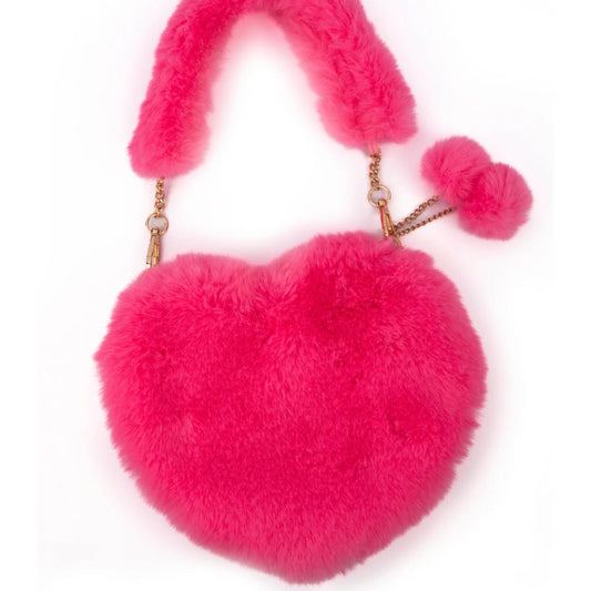 Hot pink furry heart shaped purse with two small pompoms from Great Pretenders