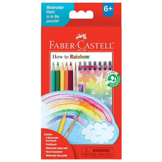 Faber-Castell watercolor pencils set packaging with rainbow design and Faber-Castell logo.