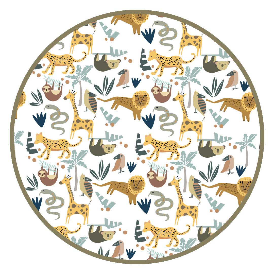 the "jungle friends" print is a mix of jungle animals that include giraffes, lions, cheetahs, sloths, snakes, and forest plants.