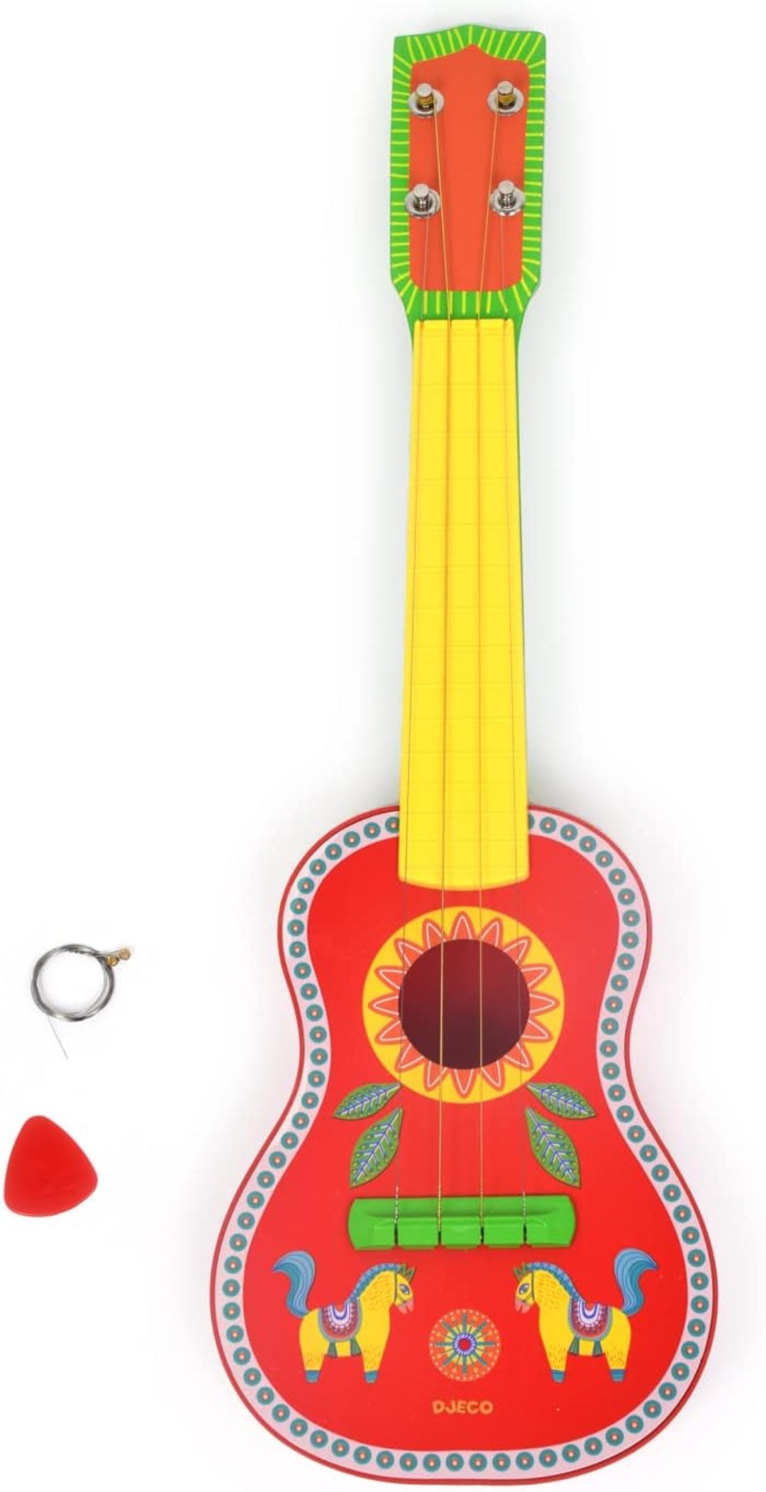 Colorful toy guitar with a red body, yellow neck, and green details on a white background.