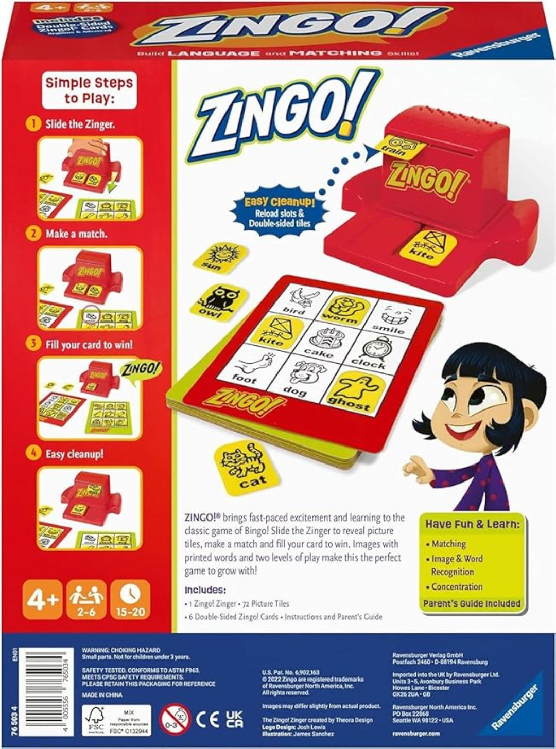 Zingo! game packaging with instructions and illustrations on a blue background