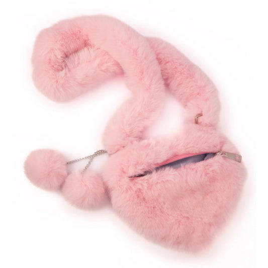 Light pink furry heart shaped. purse with two large light pink pompoms from Great Pretenders