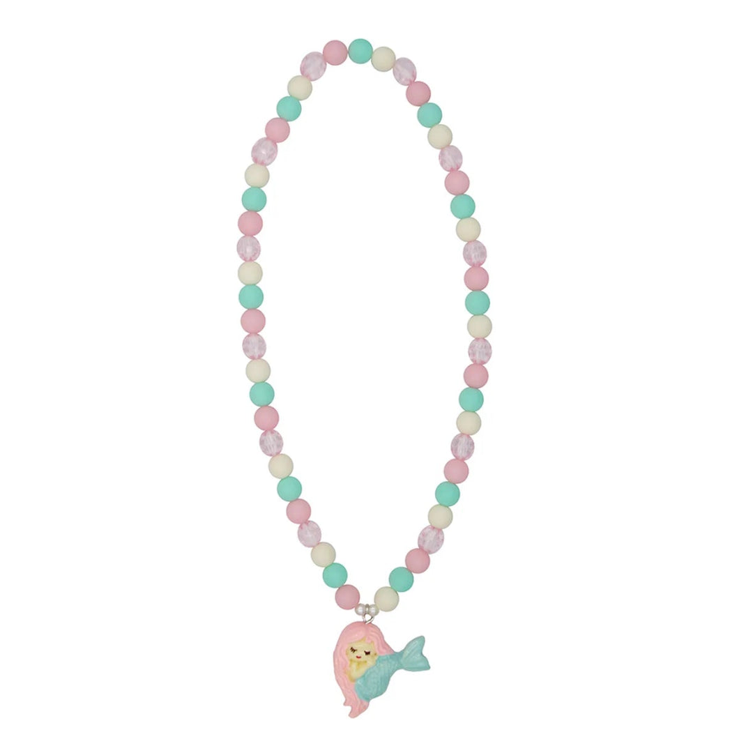 Mermaid necklace with pink, purple, teal, and white beads and a mermaid charm hanging at the bottom