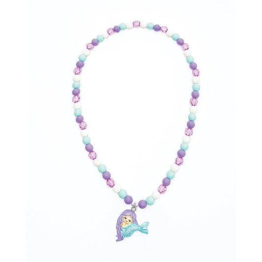 Mermaid necklace with pink, purple, teal, and white beads and a mermaid charm hanging at the bottom