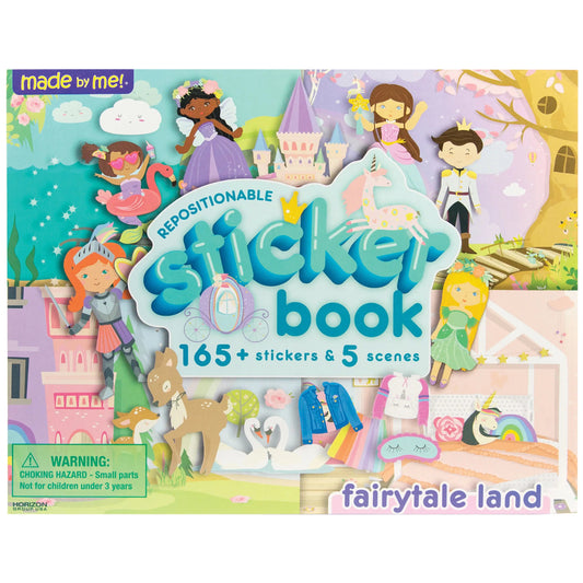Sticker book packaging with fairytale characters and castle on a white background