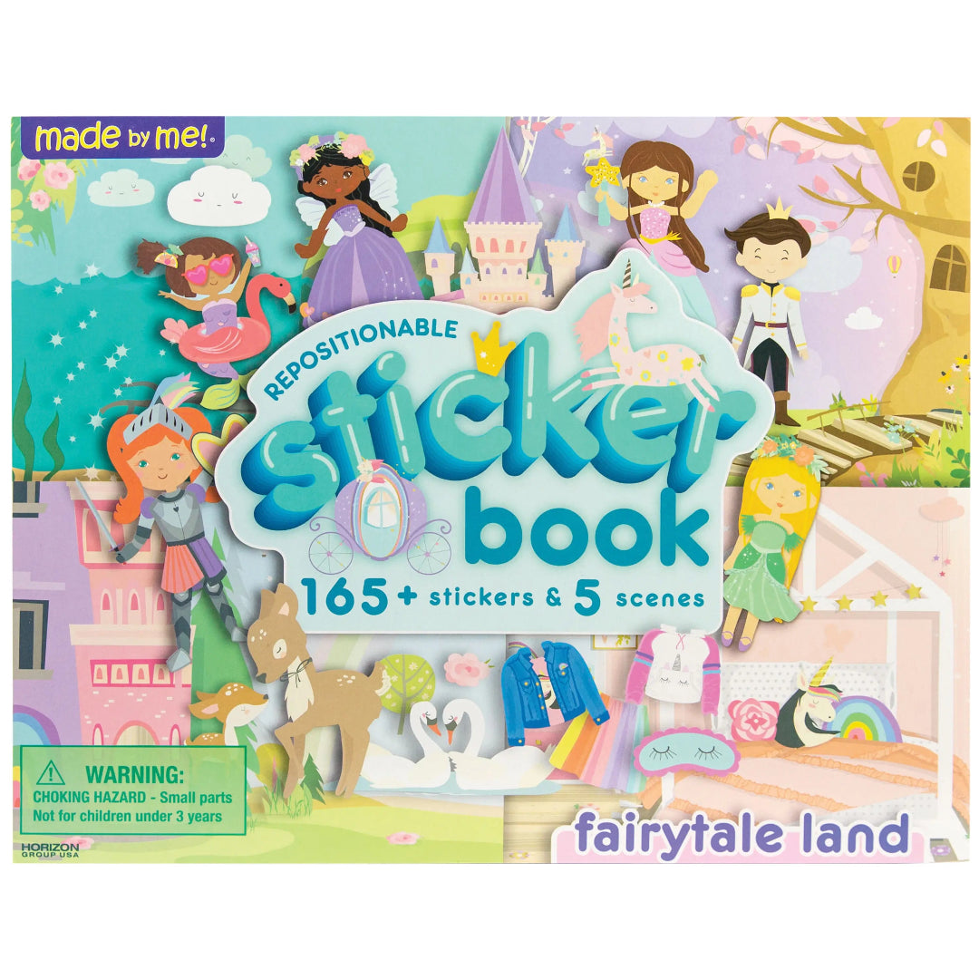 Sticker book packaging with fairytale characters and castle on a white background