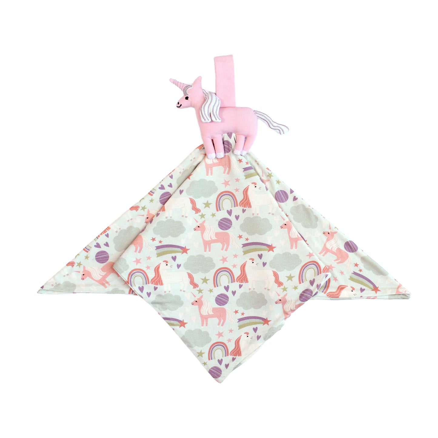Magical Unicorn lovey flat lay on a white background. The print includes unicorns, rainbows, clouds, planets, stars, and hearts. The colors are purple, pink, and blu, with hints of green.