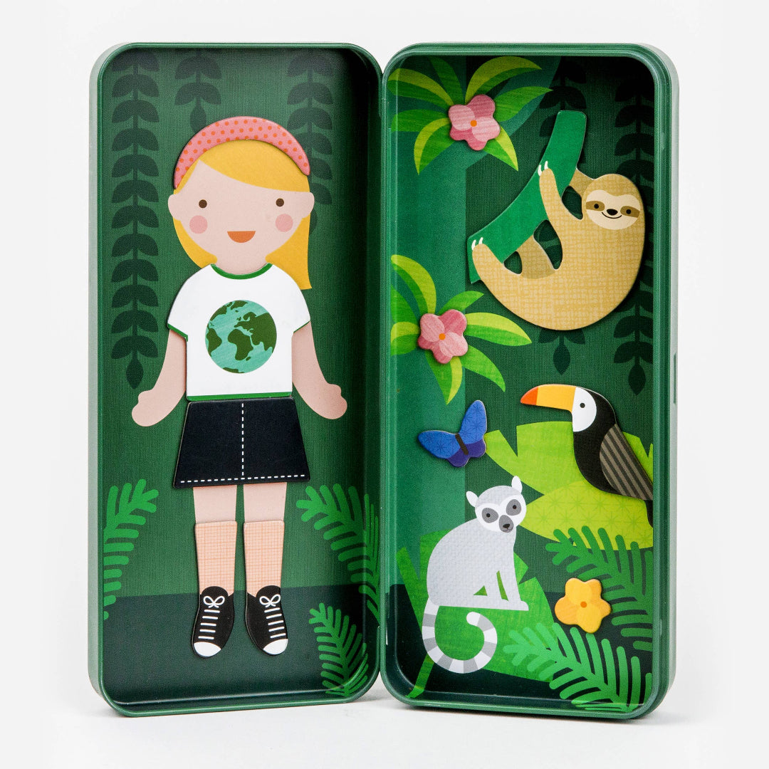 Green tin with a girl and animal illustrations on a white background