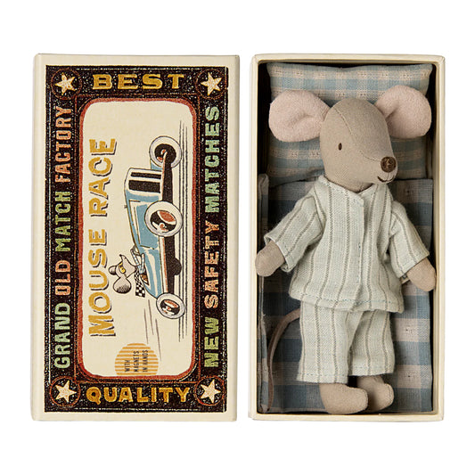 Stuffed mouse toy in a matchbox with a vintage-style label