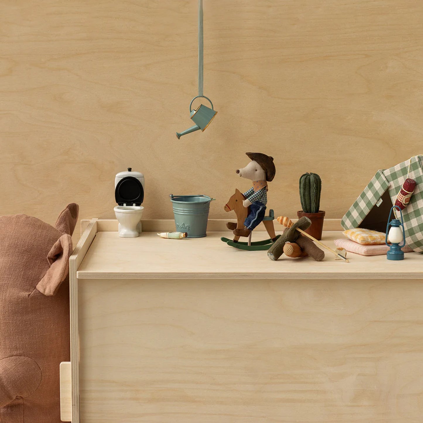 Maileg Little Brother Cowboy Mouse on Rocking Horse