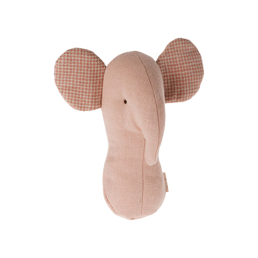 Mouse-shaped cushion with checkered ears on a white background
