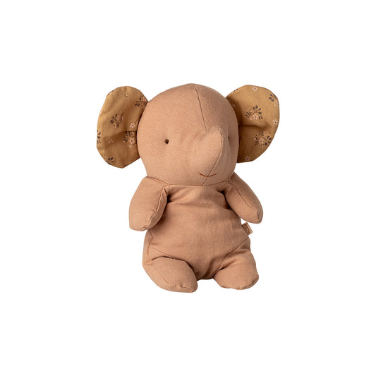 Brown plush elephant toy on a white background