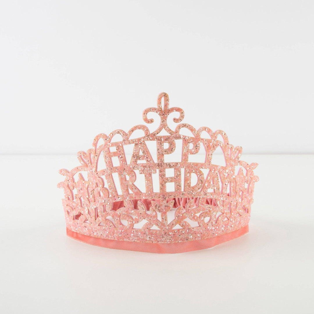 Pink 'Happy Birthday' tiara on a white background