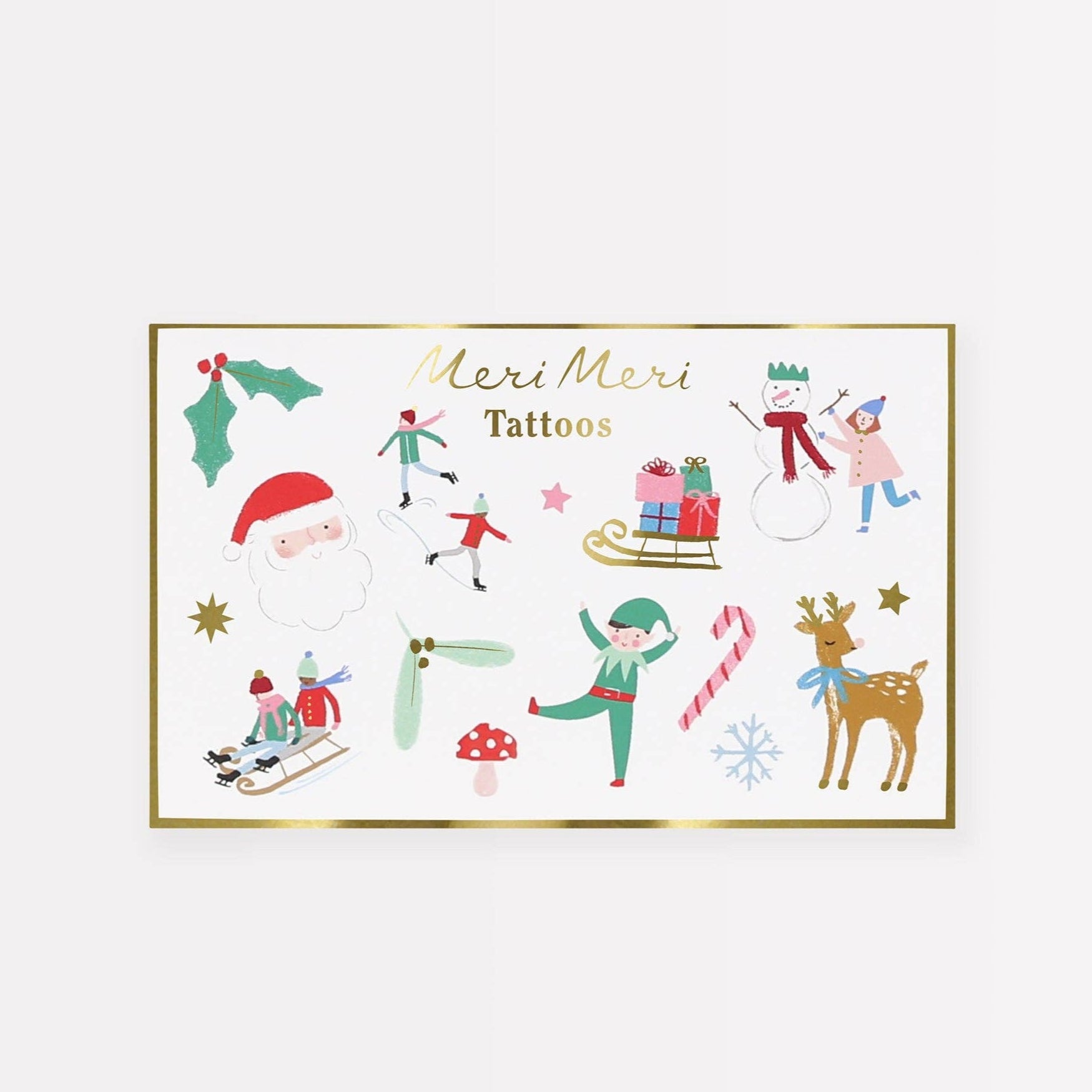 Sheet of Christmas-themed tattoos by Meri Meri on a white background