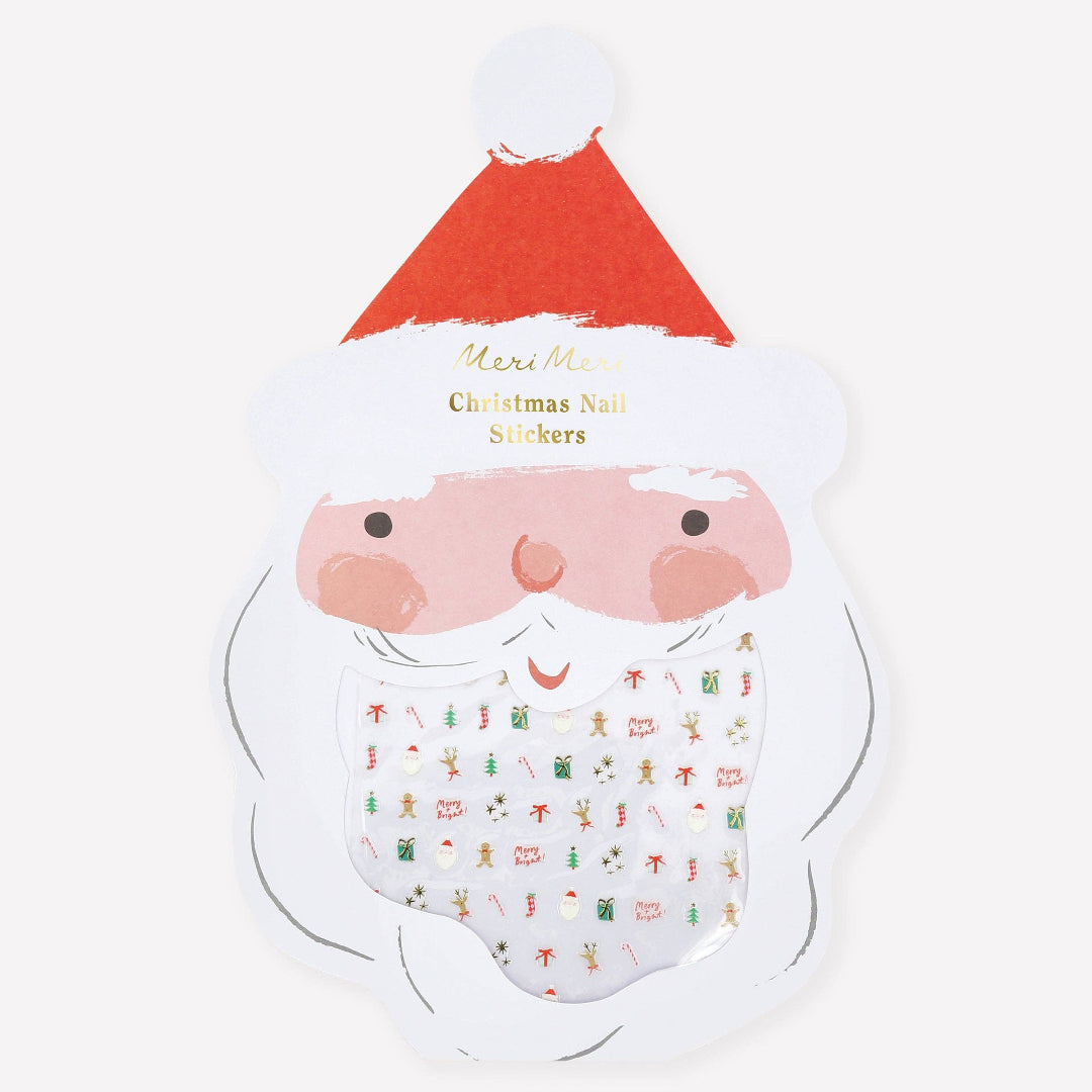 Pack of Christmas nail stickers with Santa Claus design on a white background