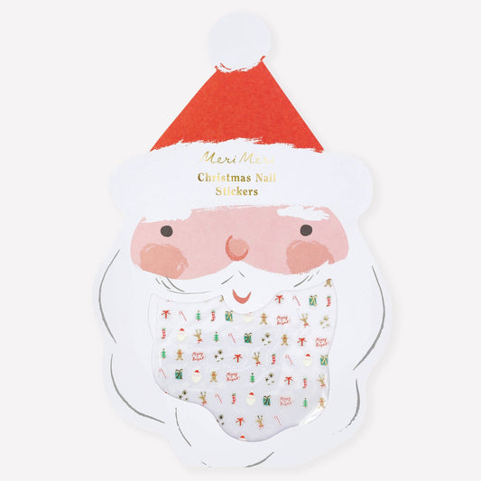 Pack of Christmas nail stickers with Santa Claus design on a white background
