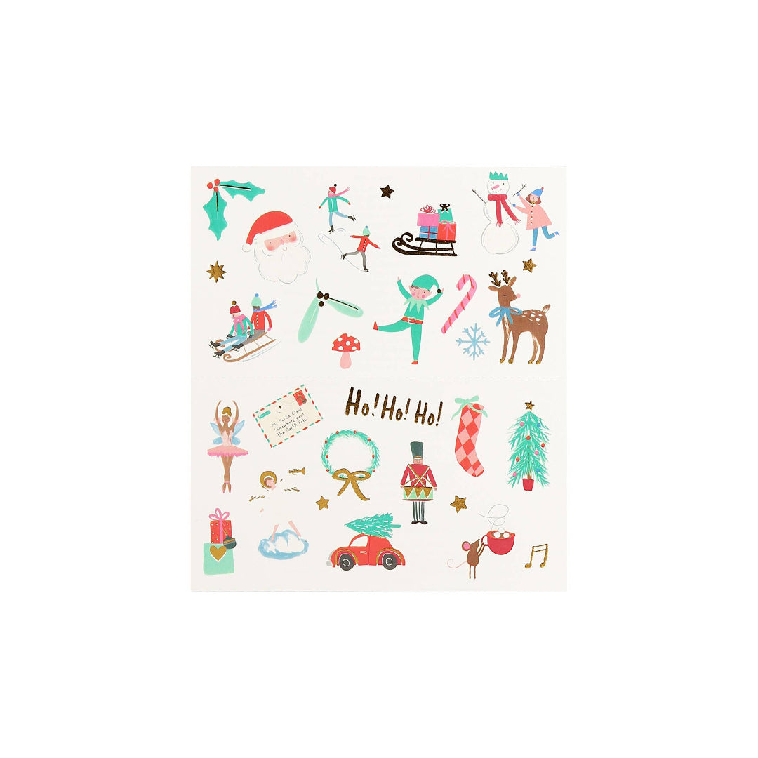 Sheet of Christmas-themed stickers with various designs on a white background