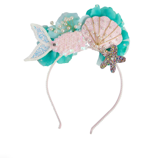 mermaid themed headband with a mermaid tail, seashell and star fish
