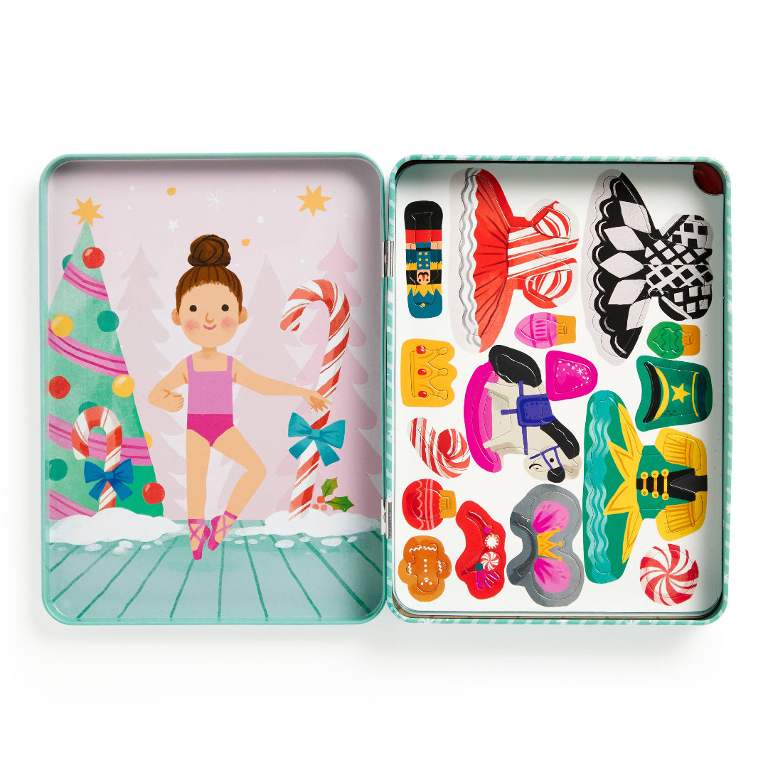 Colorful tin with a girl and various shapes on a white background