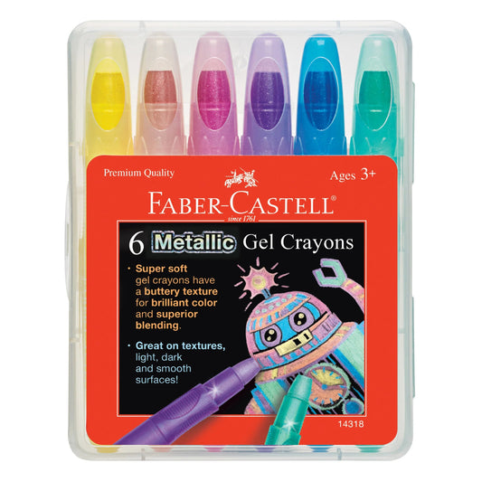 Faber-Castell metallic gel crayons set with colorful crayons and red packaging on a white background