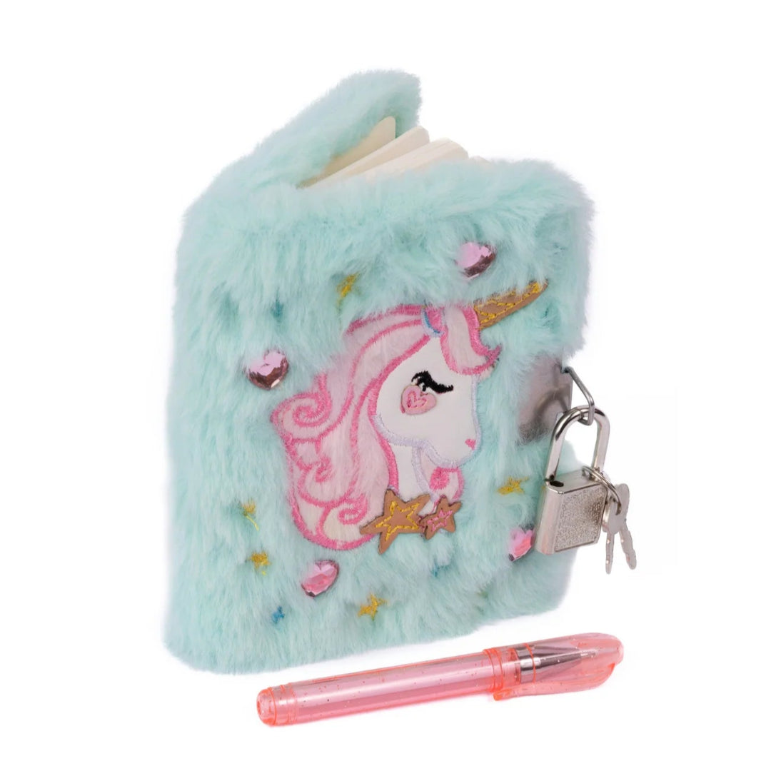 Fluffy minty blue notebook with unicorn design and pink pen from Great Pretenders
