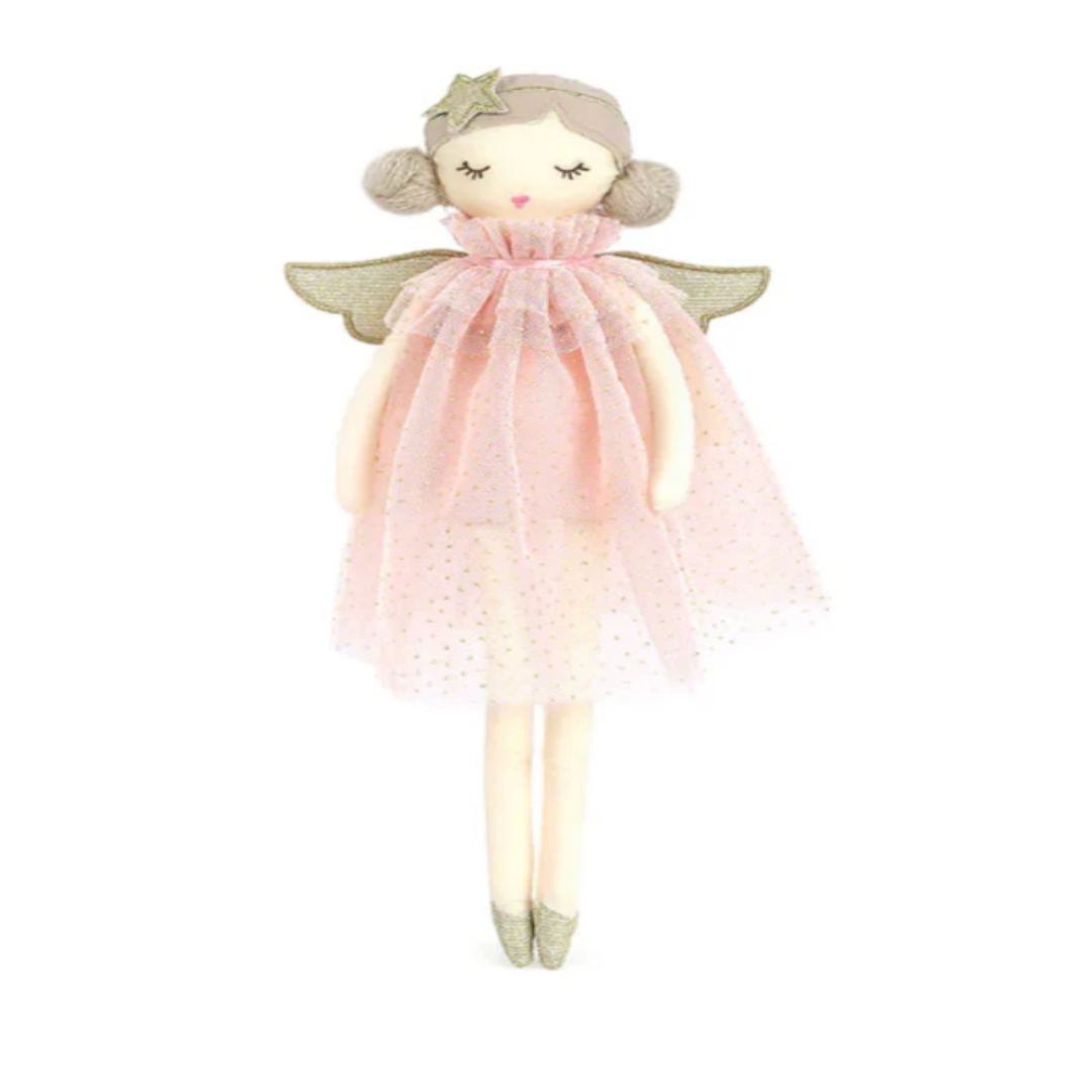 Plush angel toy with a pink dress and green wings on a white background