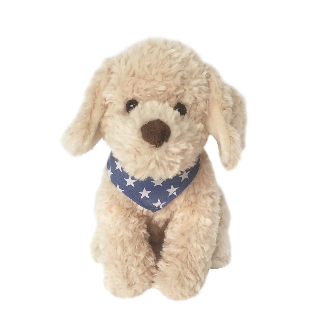 golden doodle stuffed animal wearing a blue bandana with stars on it