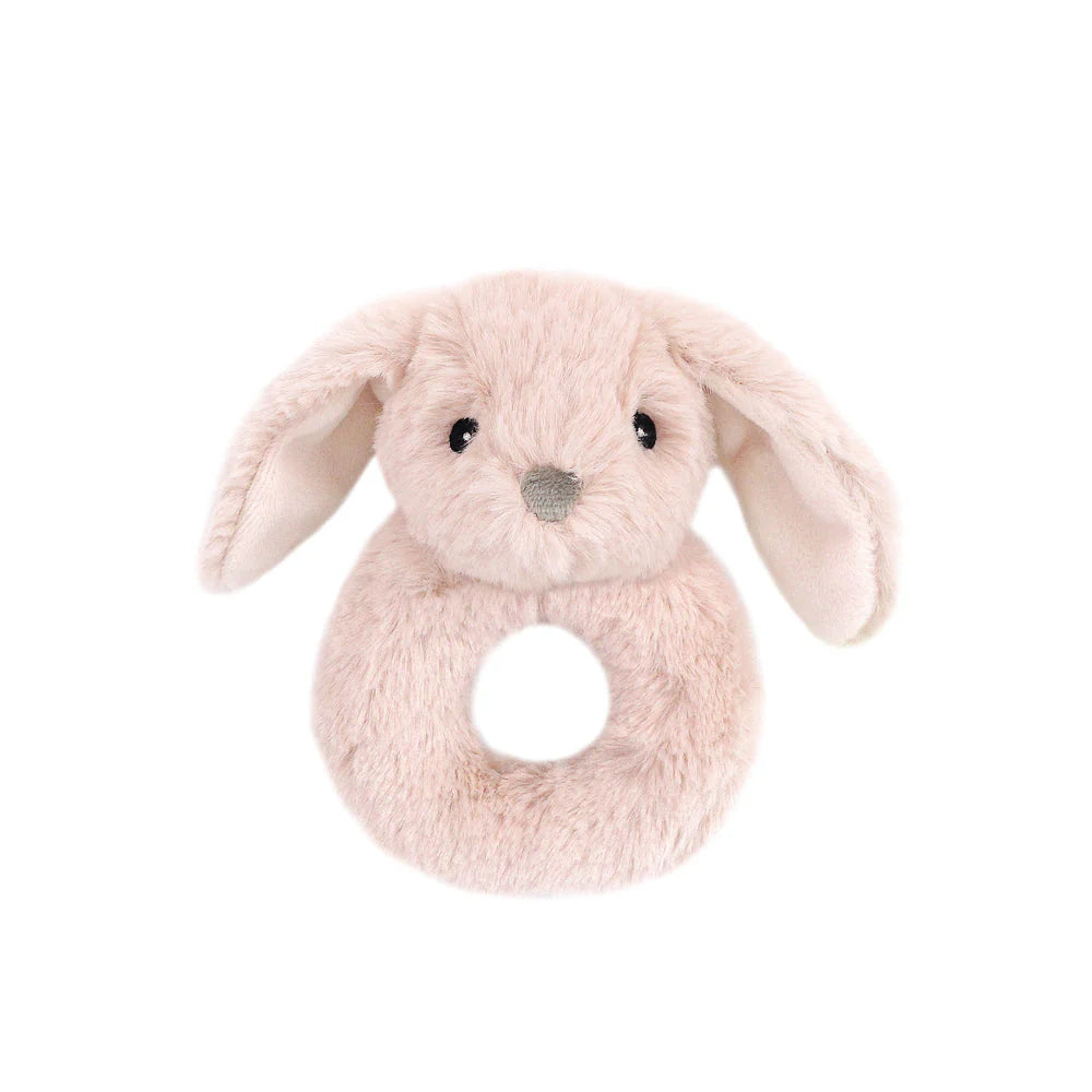 Plush bunny ring toy on a white background