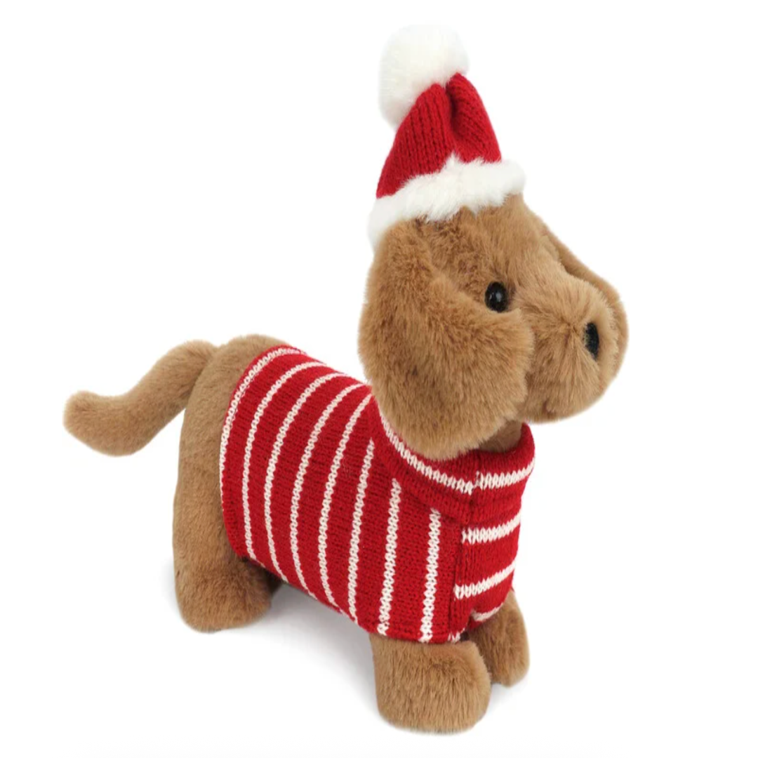 Plush dachshund toy wearing a red and white striped sweater and santa hat