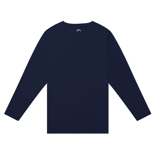A navy blue long sleeve bamboo shirt for adults, presented in a relaxed fit style.