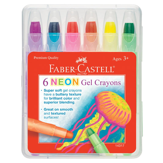 Faber-Castell neon gel crayon set with colorful caps on a white background.