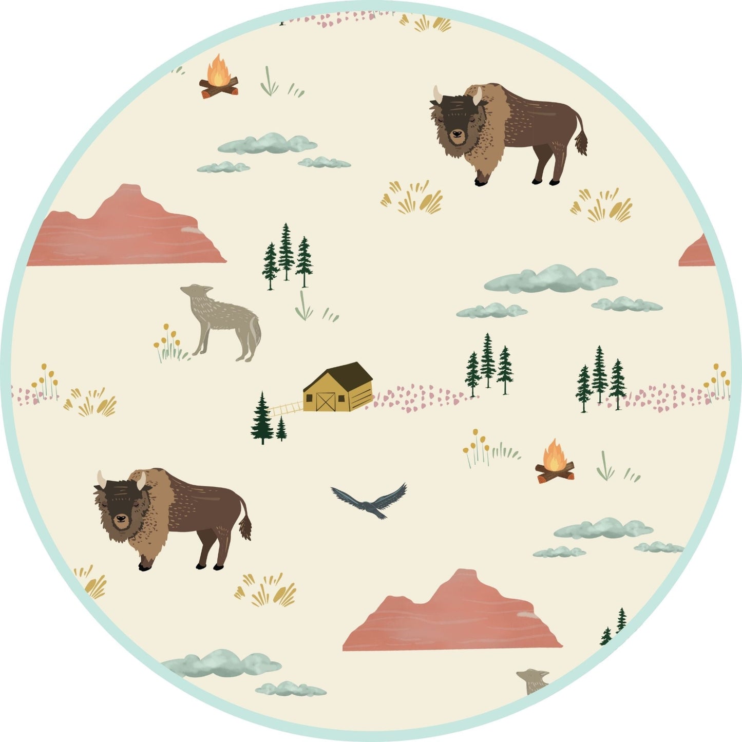 Circle Print with nature-themed design featuring animals and landscapes.