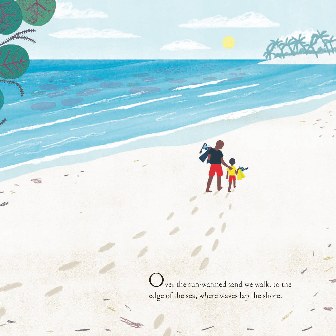 Illustration of a father and child walking on a beach with trees and ocean in the background.