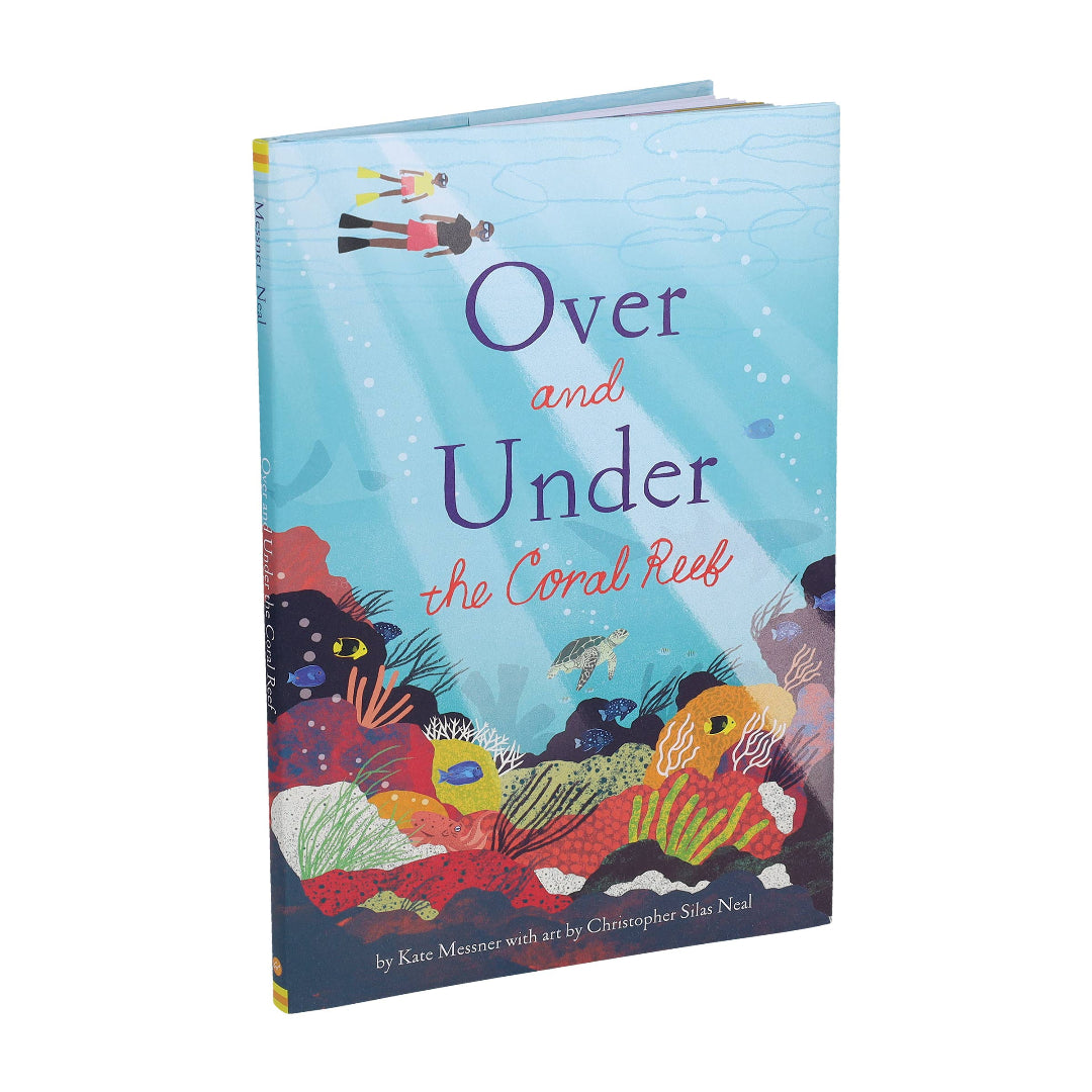 Book titled 'Over and Under the Coral Reef' with colorful underwater illustrations on a white background