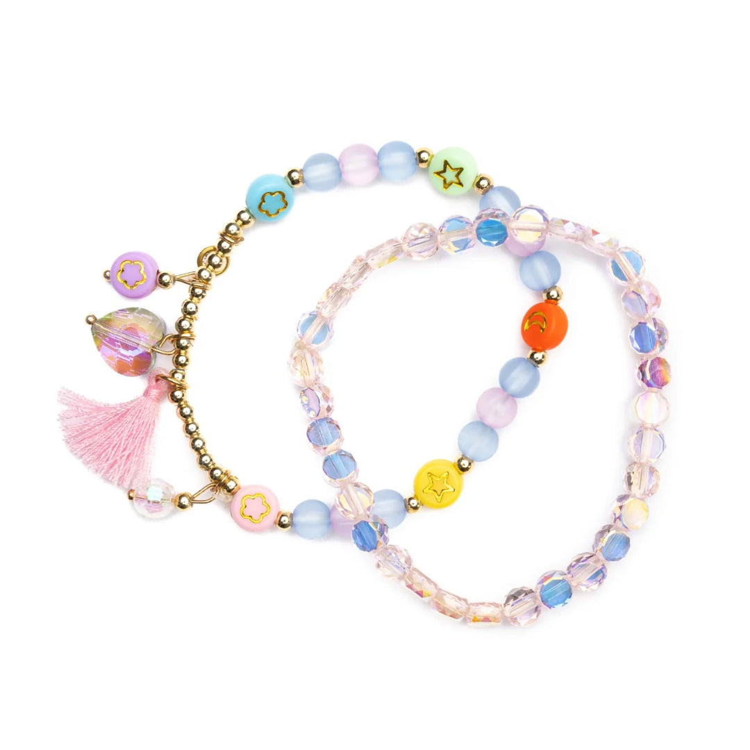 Colorful pastel beaded bracelet set with tassels and sun, moon and star charms from Great Pretenders