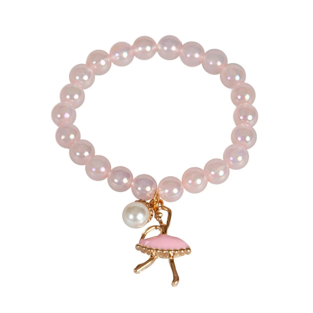 Pink pearl beaded bracelet with a gold ballerina charm and a white pearl bauble from Great Pretenders