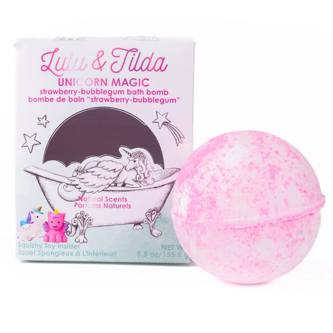 Pink and white speckled bath bomb scented like strawberry bubblegum from Great Pretenders