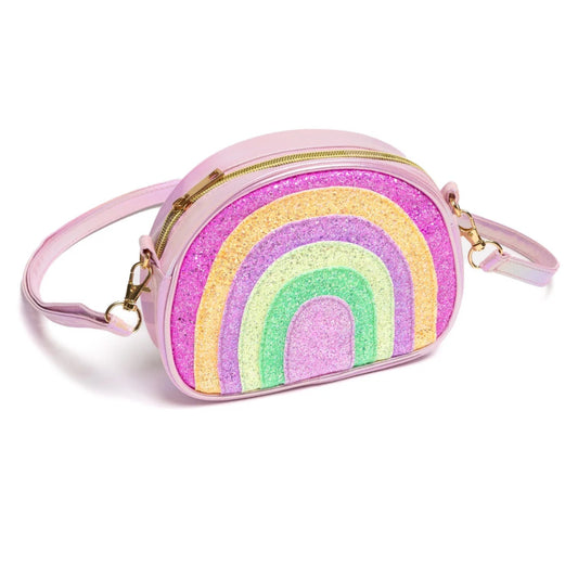 Sparkly pink, yellow, purple, green rainbow shaped purse with shoulder strap from Great Pretenders