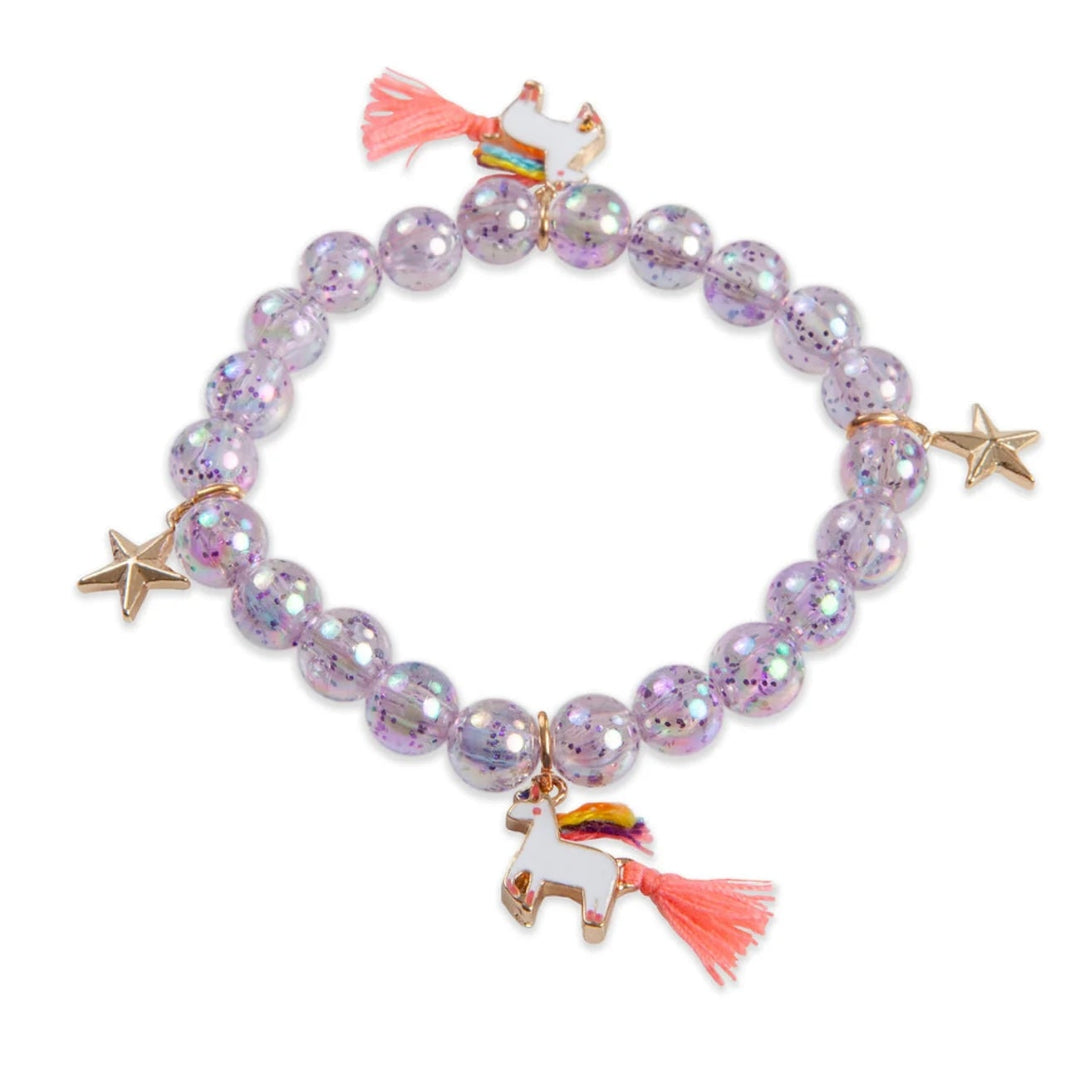 Purple iridescent beaded bracelet with white two unicorn charms and two star charms from Great Pretenders